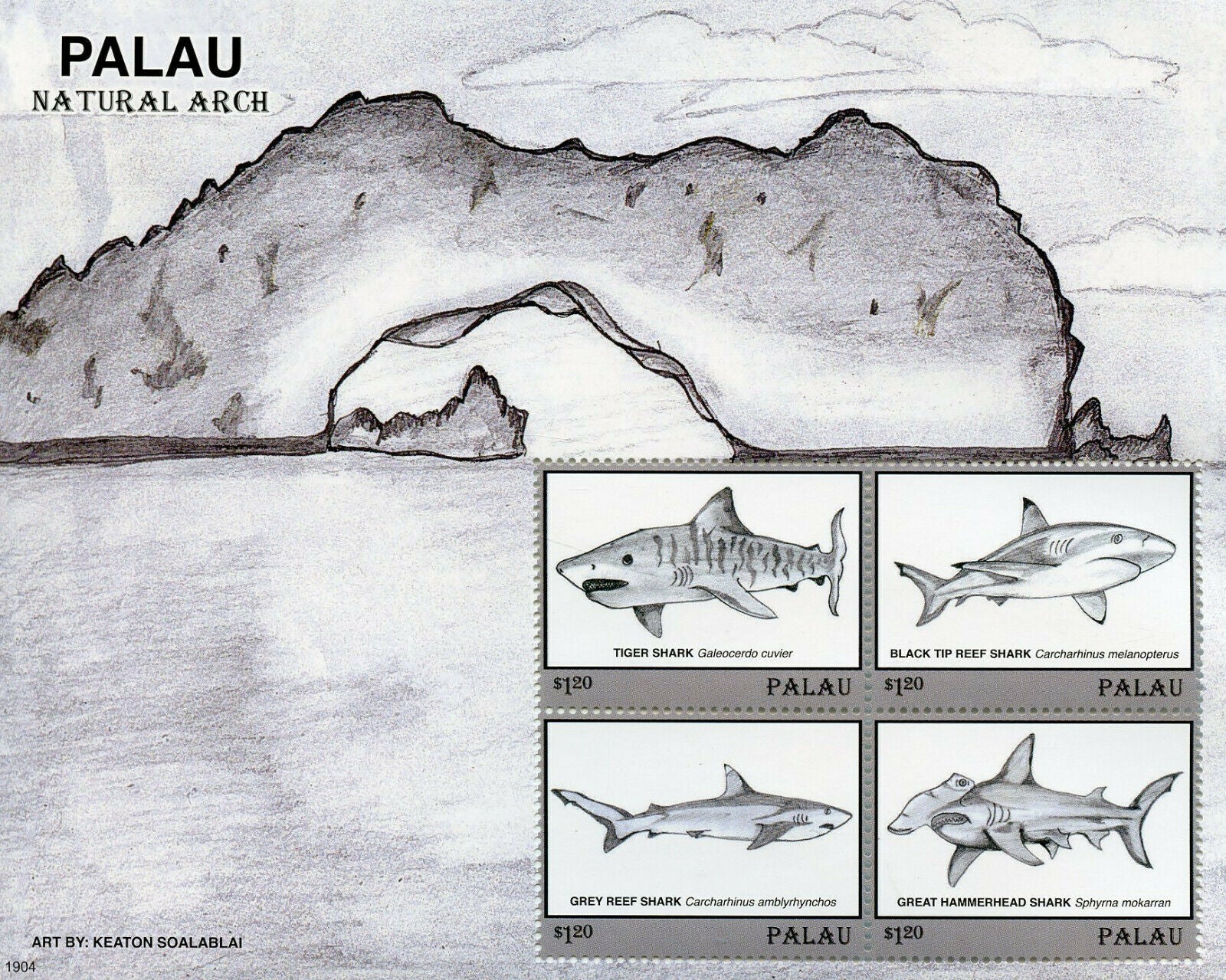 Palau 2019 MNH Marine Animals Stamps Sharks Natural Arch Hammerhead Shark 4v M/S