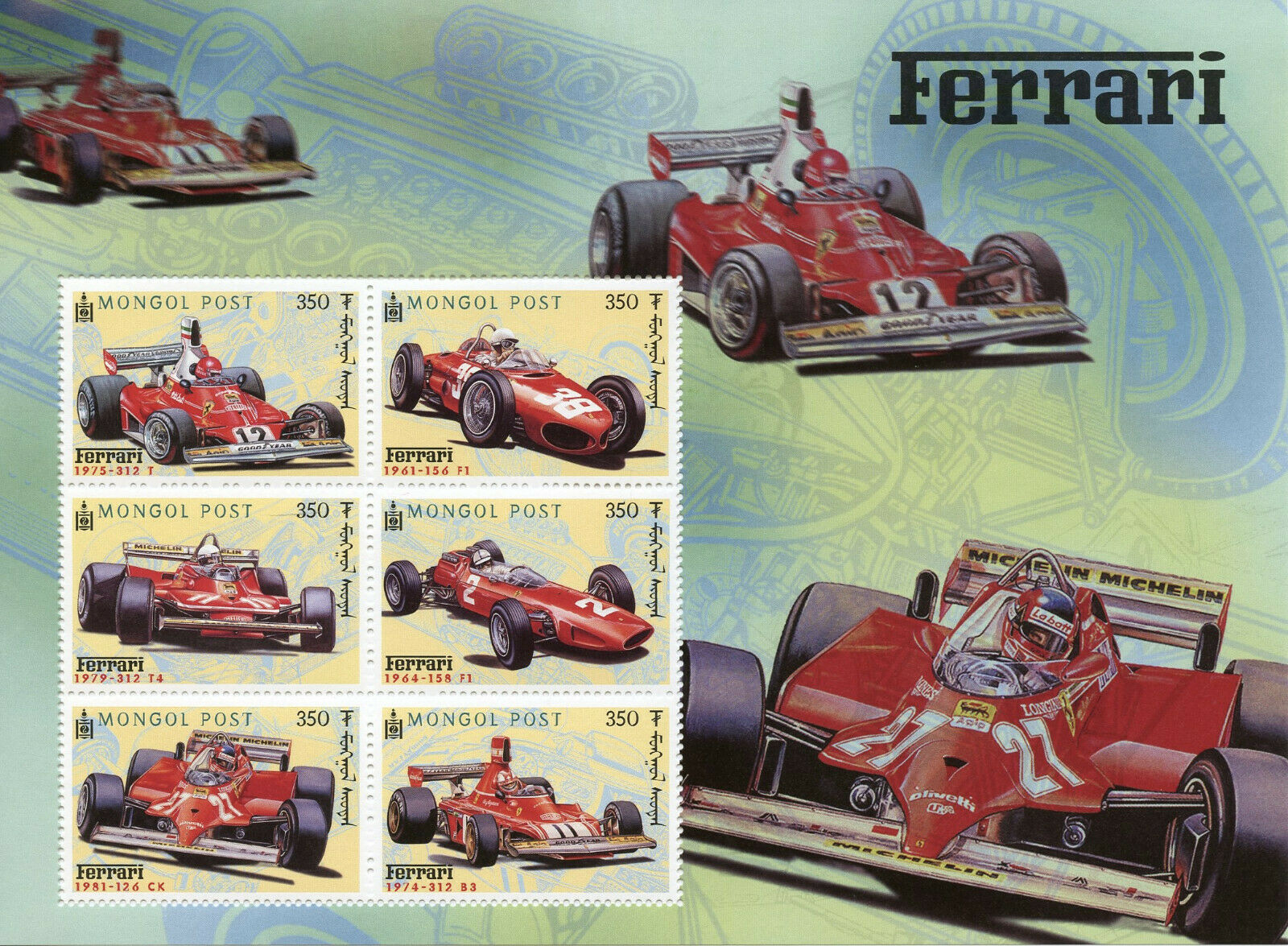 Mongolia 2000 MNH Cars Stamps Ferrari 312 T 156 F1 Formula 1 Auto Racing 6v M/S