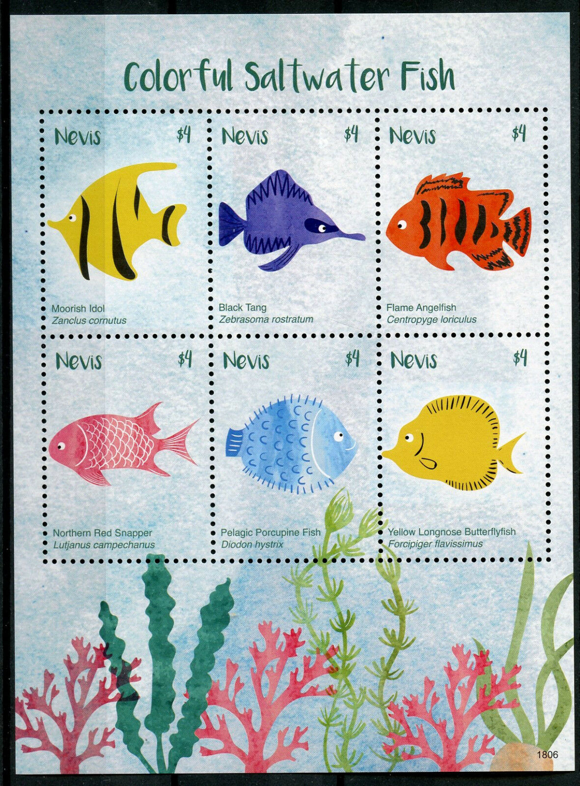 Nevis 2018 MNH Fishes Stamps Colorful Saltwater Fish Tang Butterflyfish 6v M/S