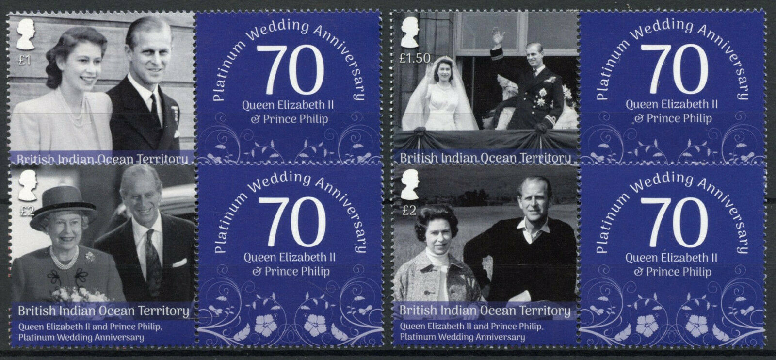 BIOT 2017 MNH Royalty Stamps Queen Elizabeth II Platinum Wedding 4v Set + Label