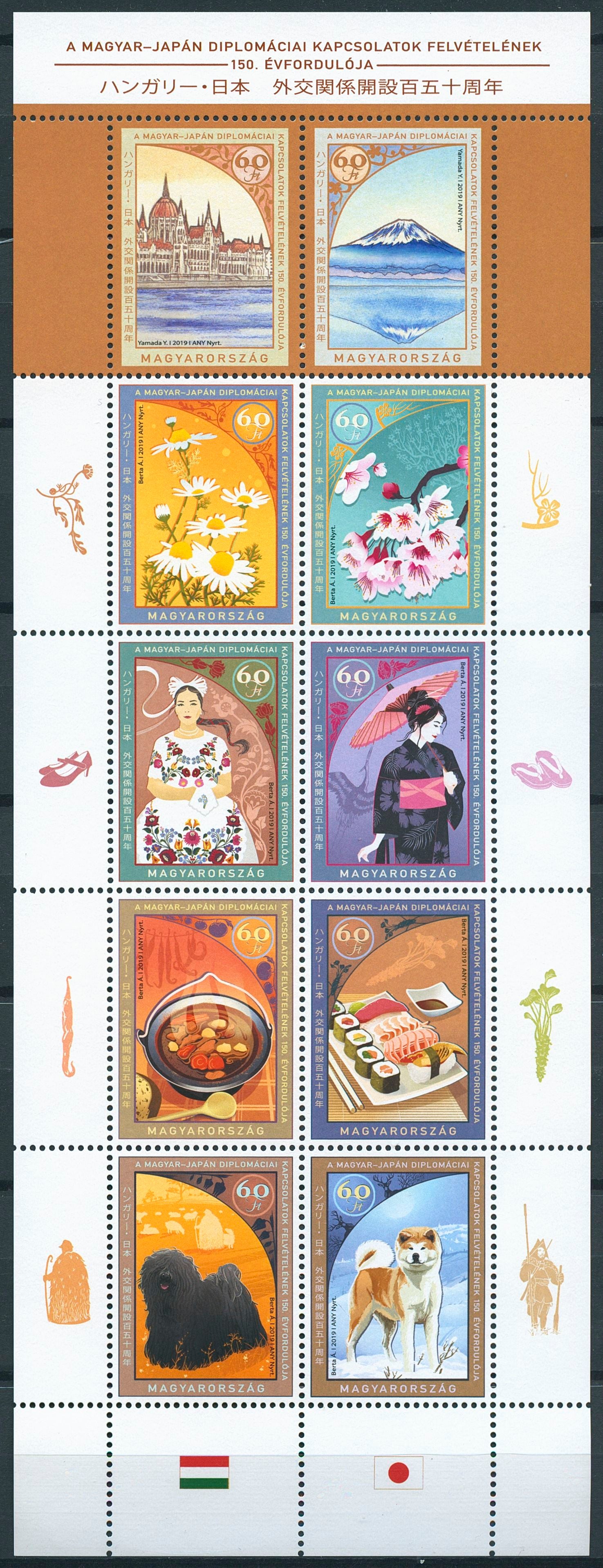 Hungary Art Dogs Flowers Gastronomy Stamps 2019 MNH Dipl Relations Japan 10v M/S