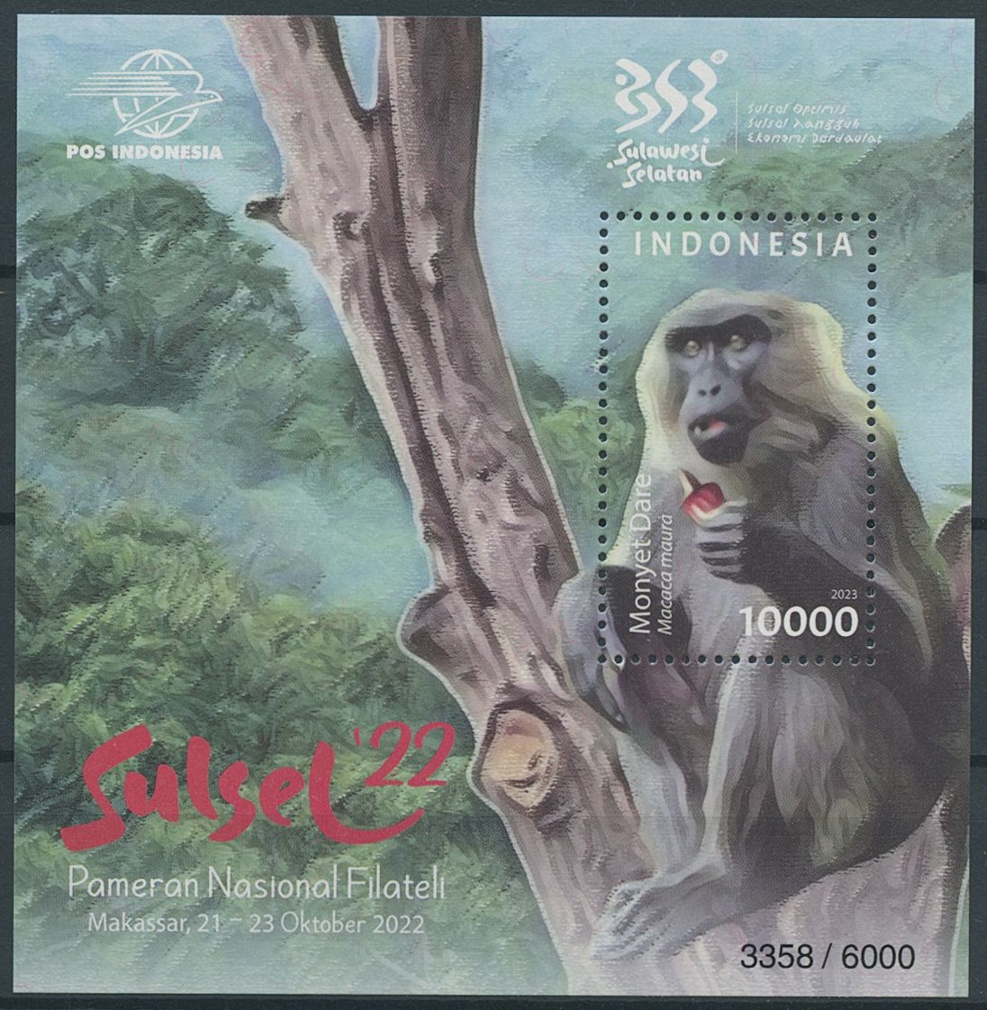 Indonesia 2022 MNH Wild Animals Stamps Sulsel '22 Moor Macaques Monkeys Primates Stamp Shows 1v M/S