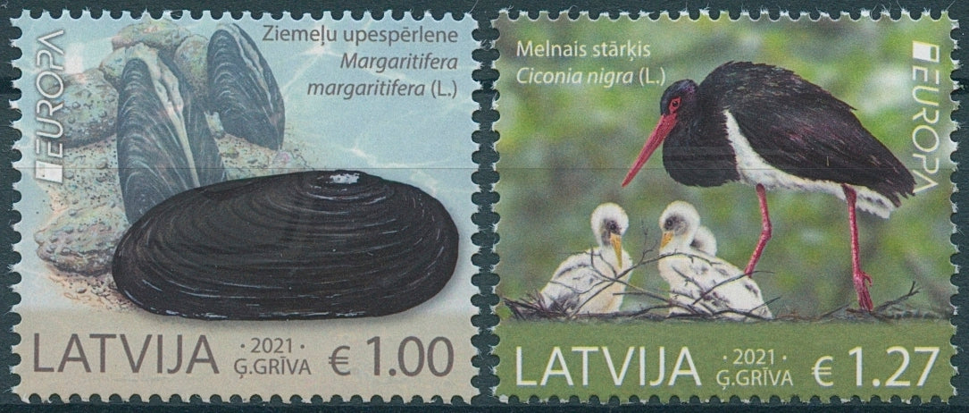 Latvia Europa Stamps 2021 MNH Endangered National Wildlife Birds Storks Mussels 2v Set