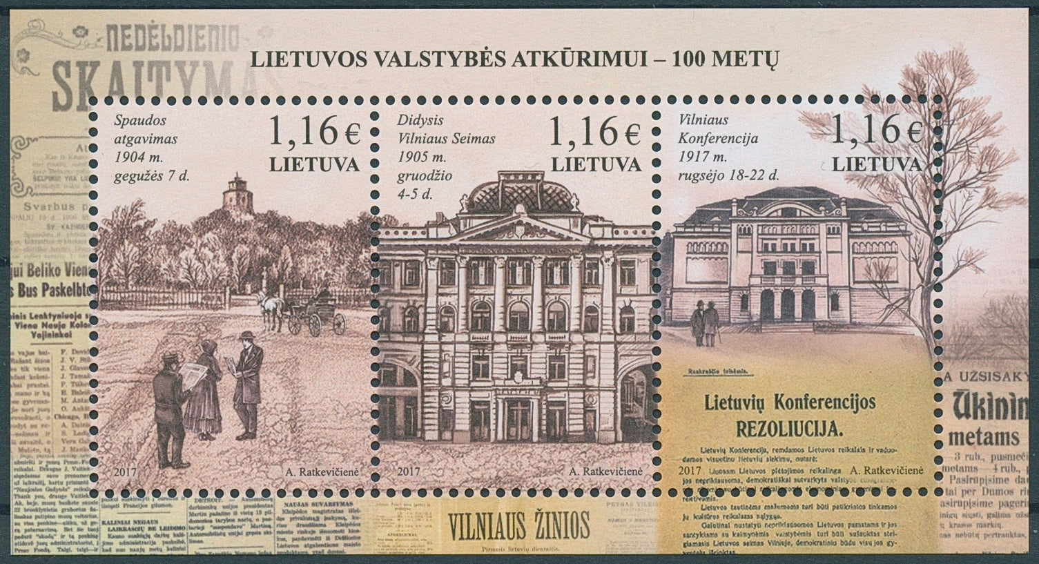 Lithuania 2017 MNH Restoration of State 100th Anniv 3v M/S Architecture Stamps