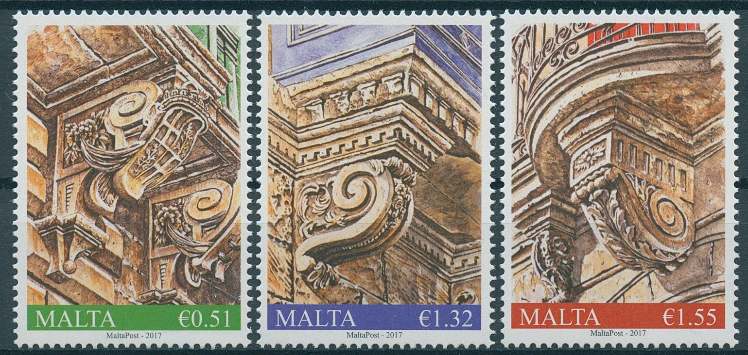 Malta 2017 MNH Balcony Corbels Pt II 3v Set Architecture Stamps