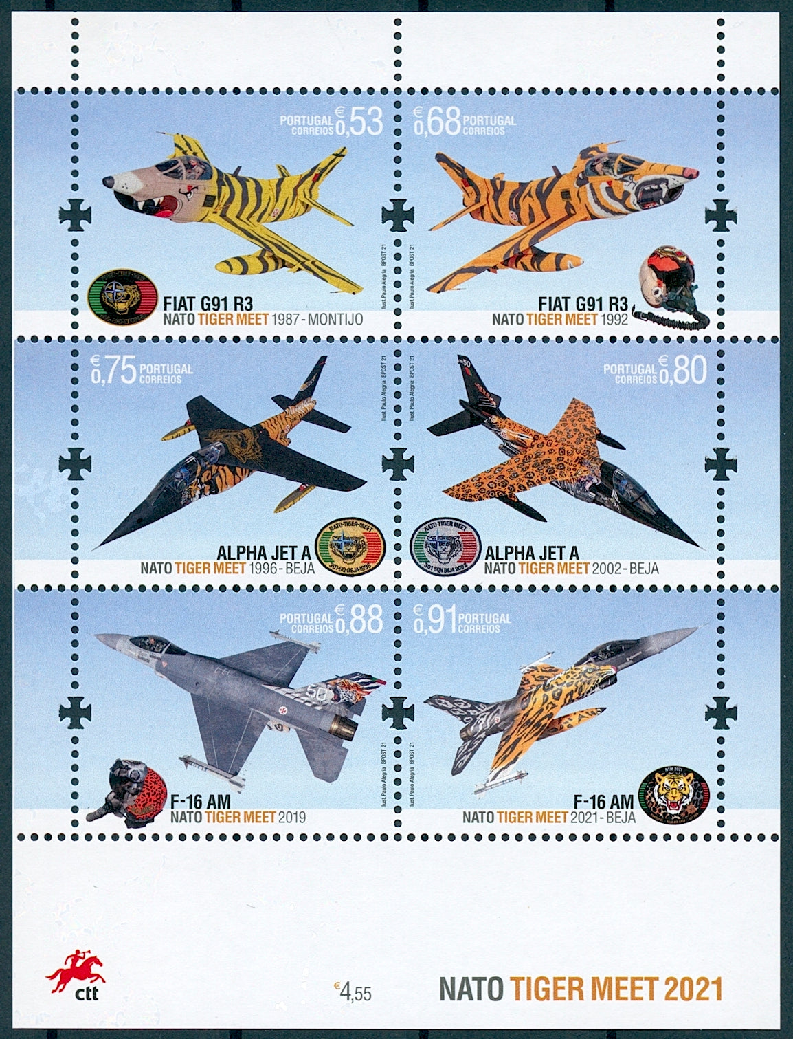 Portugal Military Aviation Stamps 2021 MNH NATO Tiger Meet F-16 Alpha Jet A 6v M/S