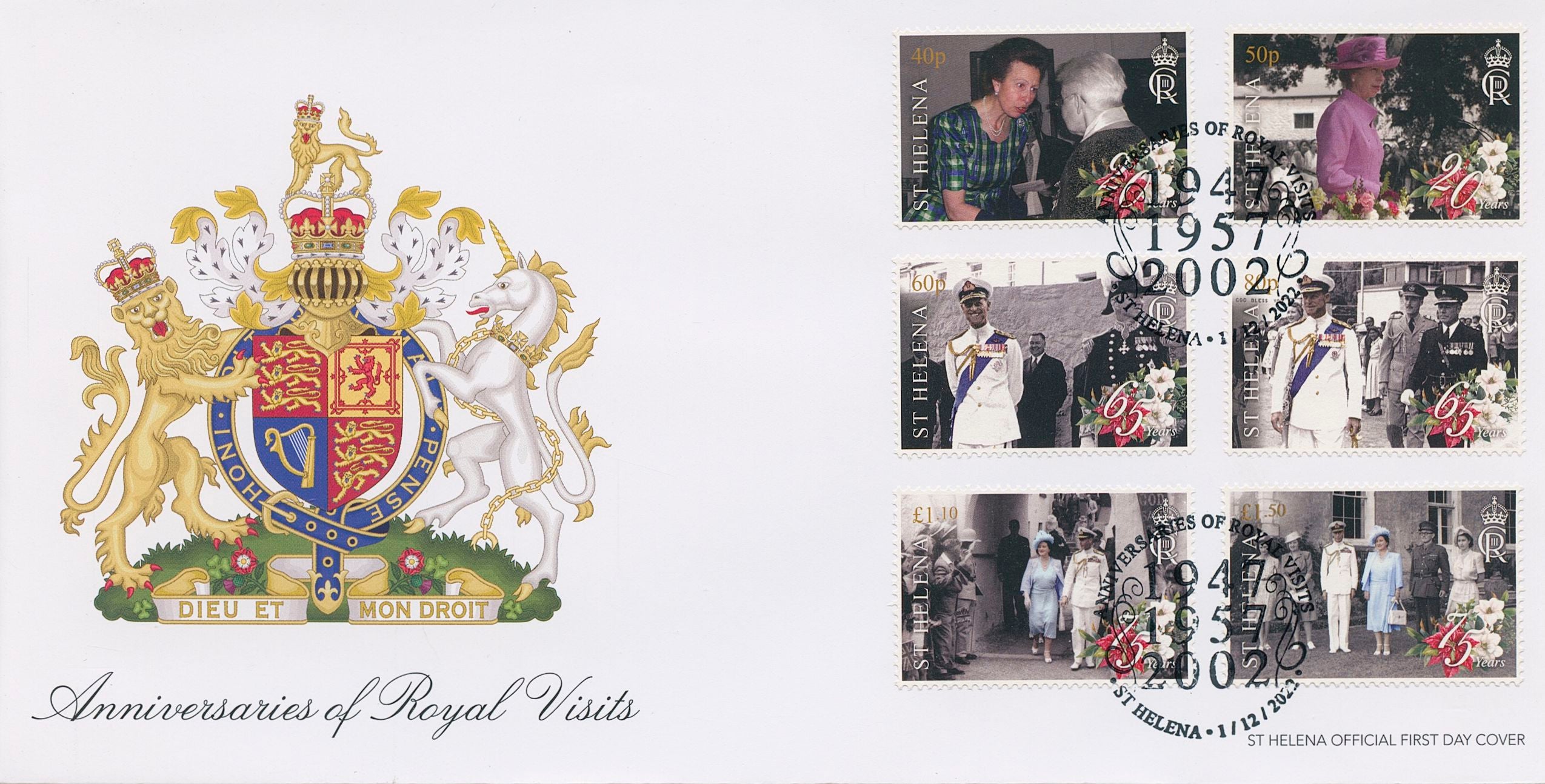 St Helena 2022 FDC Royalty Stamps Royal Visits George VI Prince Philip 6v Set