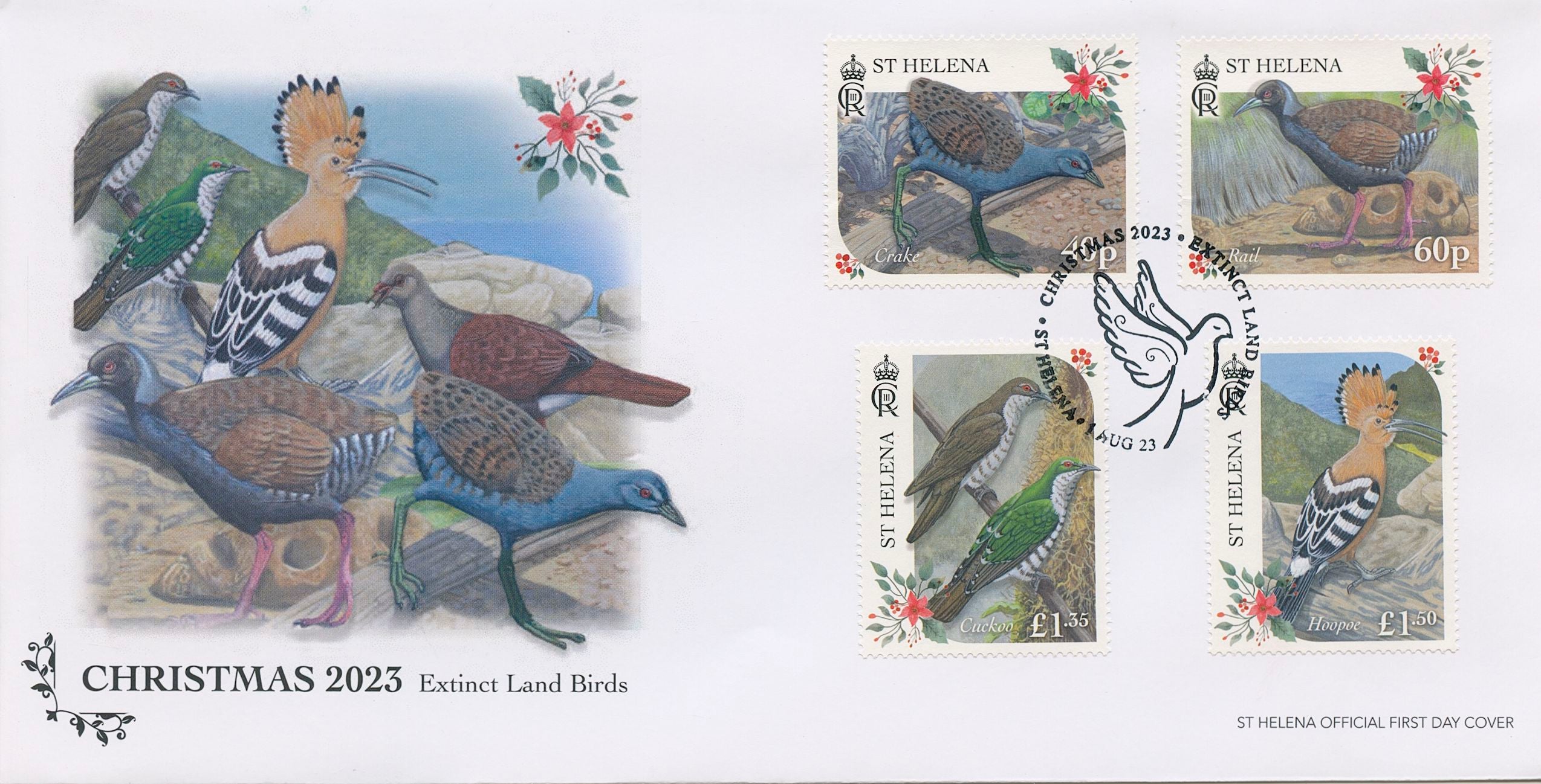 St Helena 2023 FDC Christmas Stamps Extinct Land Birds Hoopoe Cuckoos 4v Set