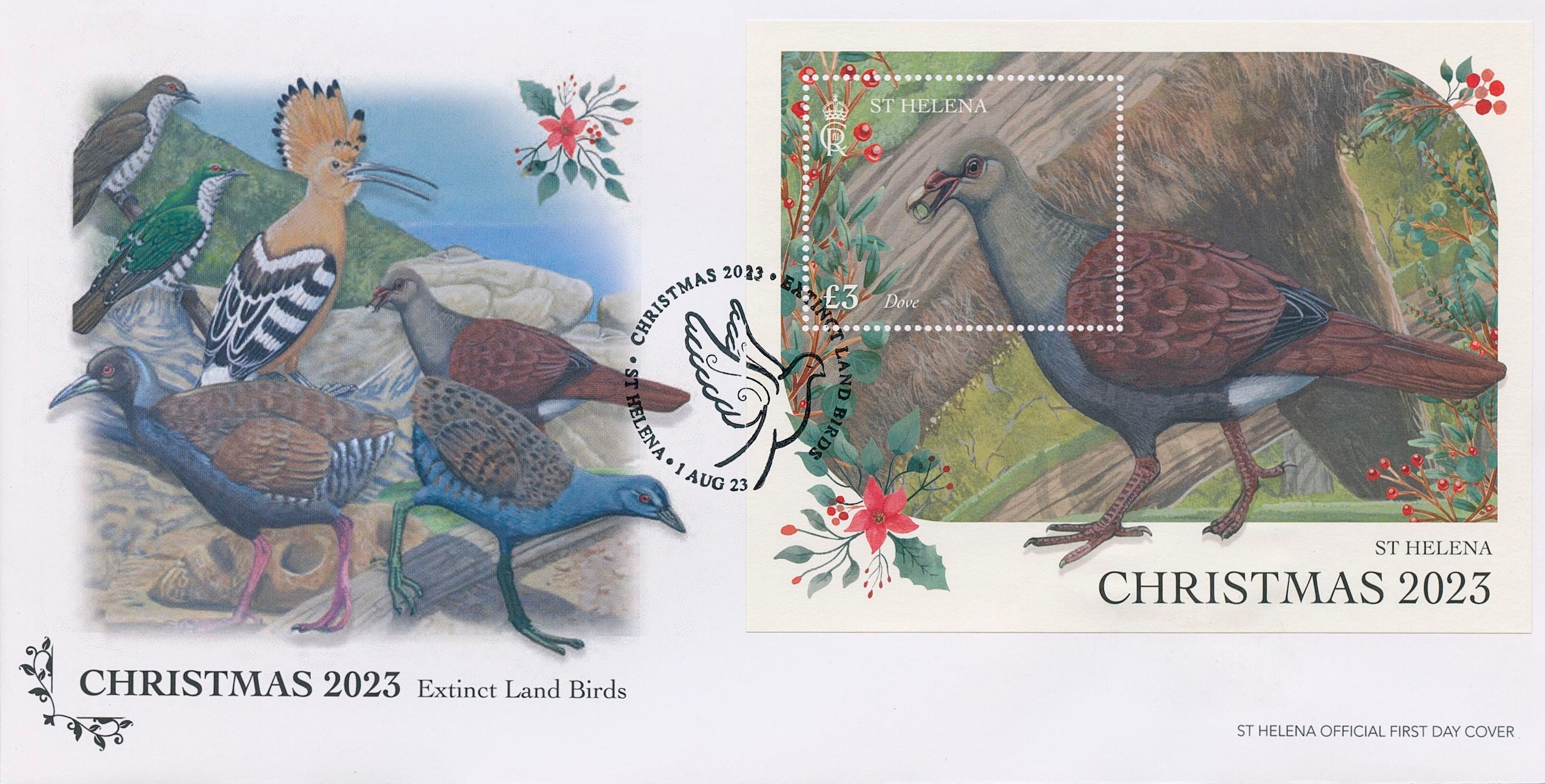 St Helena 2023 FDC Christmas Stamps Extinct Land Birds Doves Pigeons 1v M/S