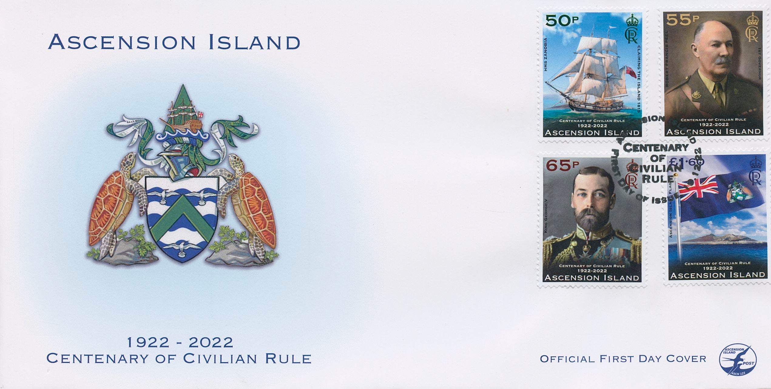 Ascension Island 2022 FDC Stamps Civilian Rule Flags Ships King George V 4v Set