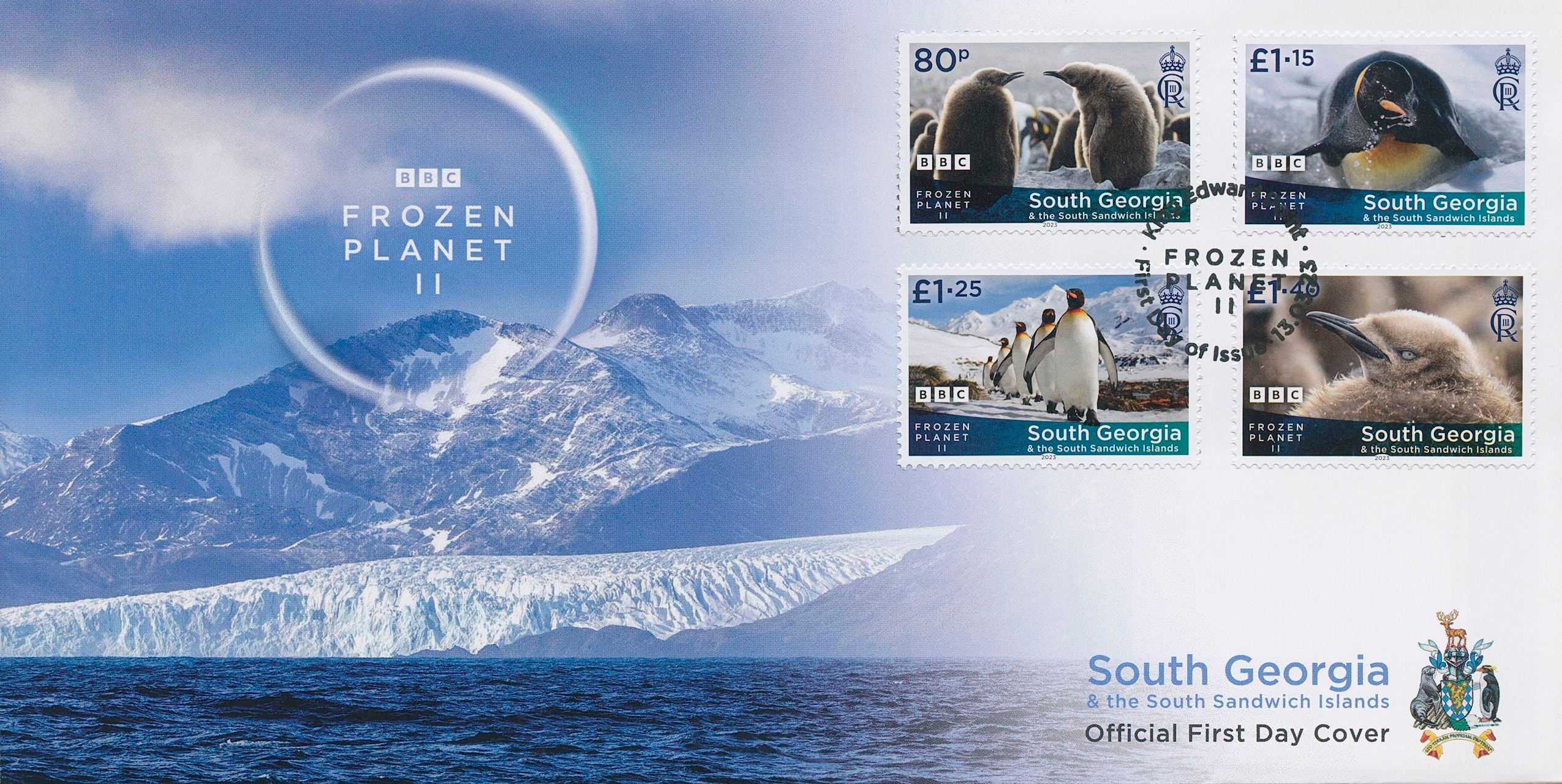 South Georgia SGA 2023 FDC Birds on Stamps BBC Frozen Planet II Penguins 4v Set