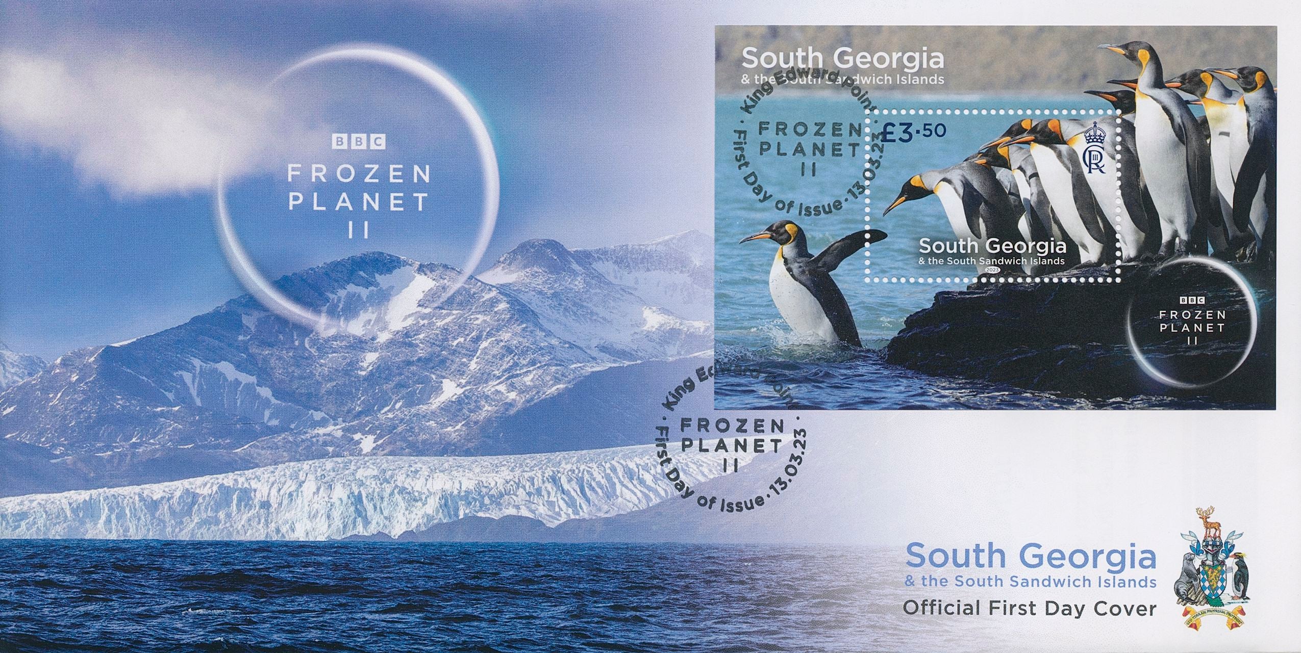 South Georgia SGA 2023 FDC Birds on Stamps BBC Frozen Planet II Penguins 1v M/S