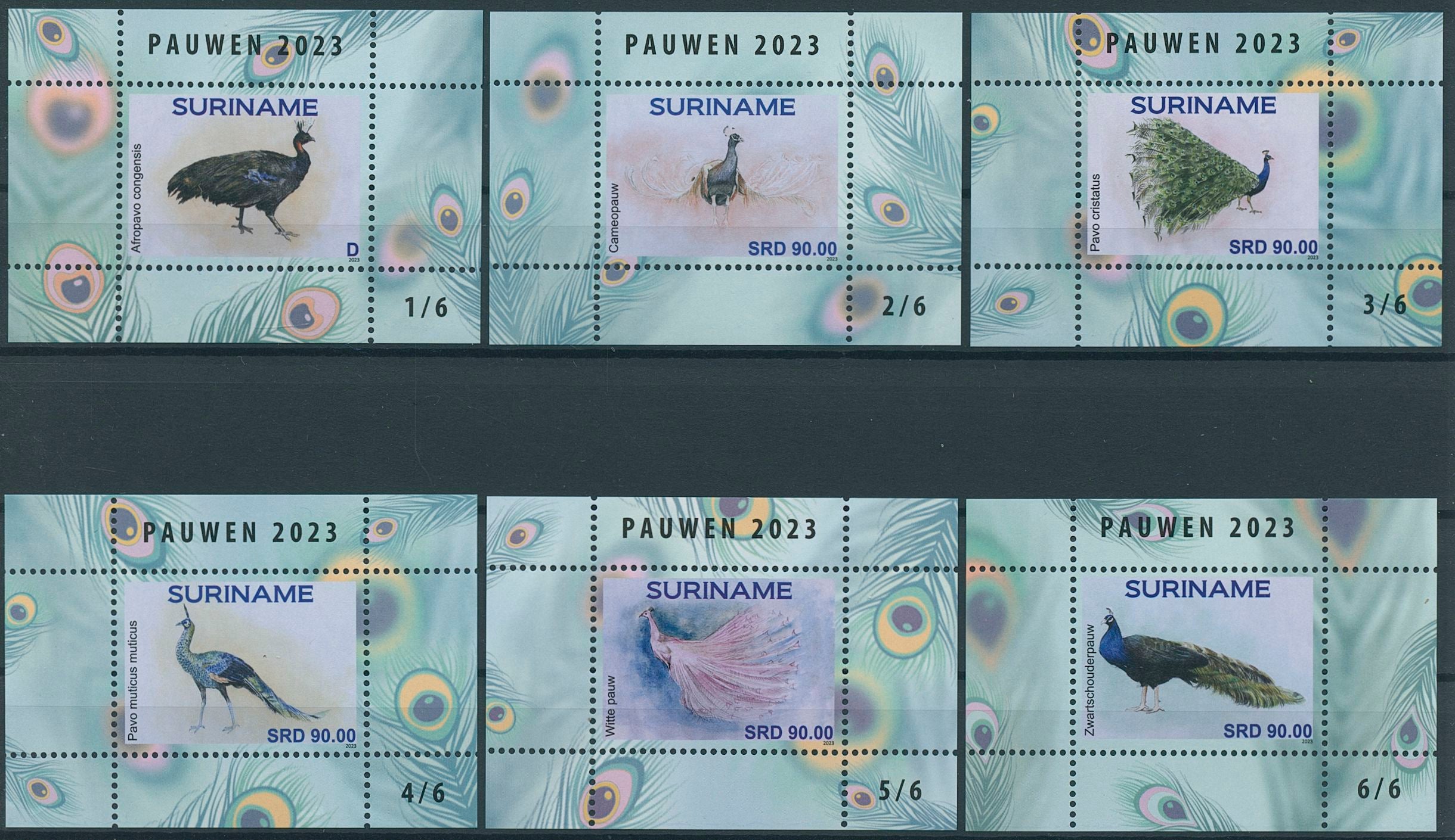 Suriname 2023 MNH Birds on Stamps Peafowl Peacocks 6x 1v M/S