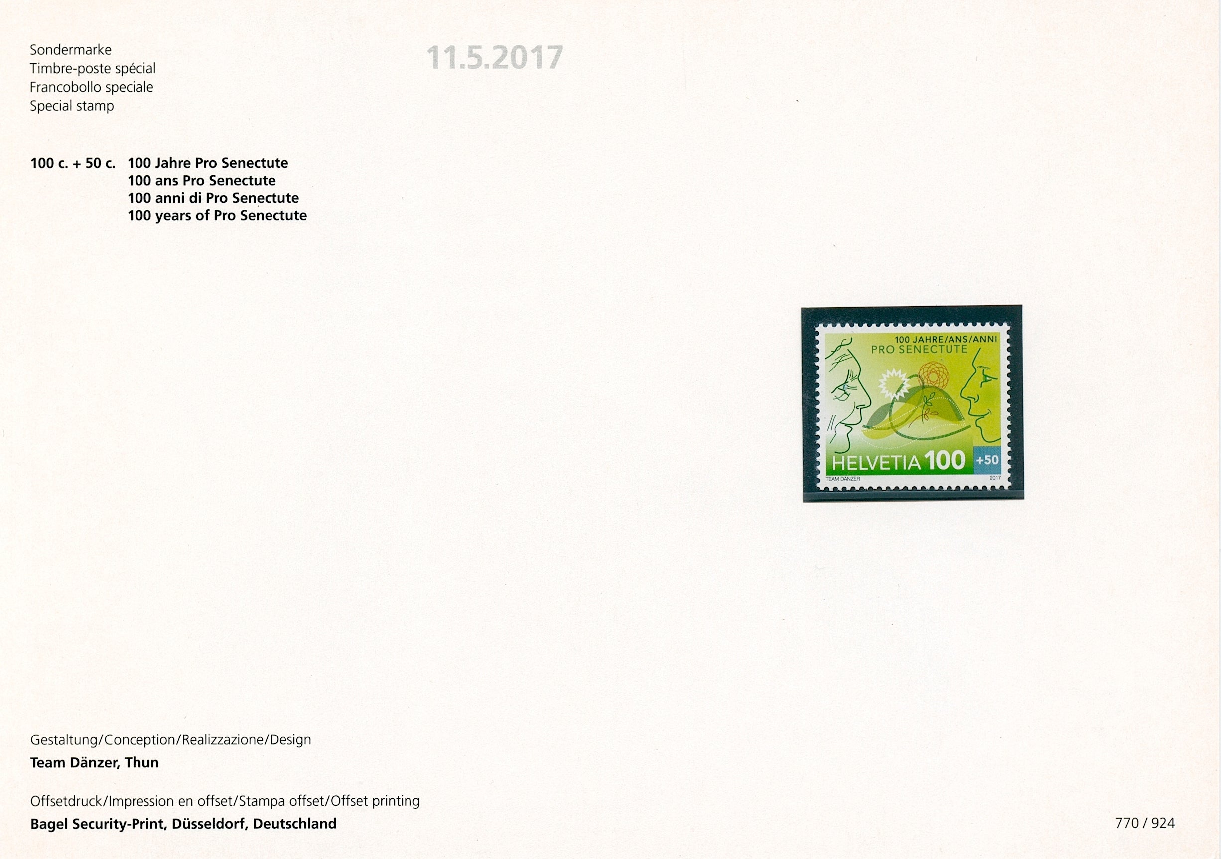 Switzerland 2017 MNH Pro Senectute 100 Years 1v Set Special Folder Stamps