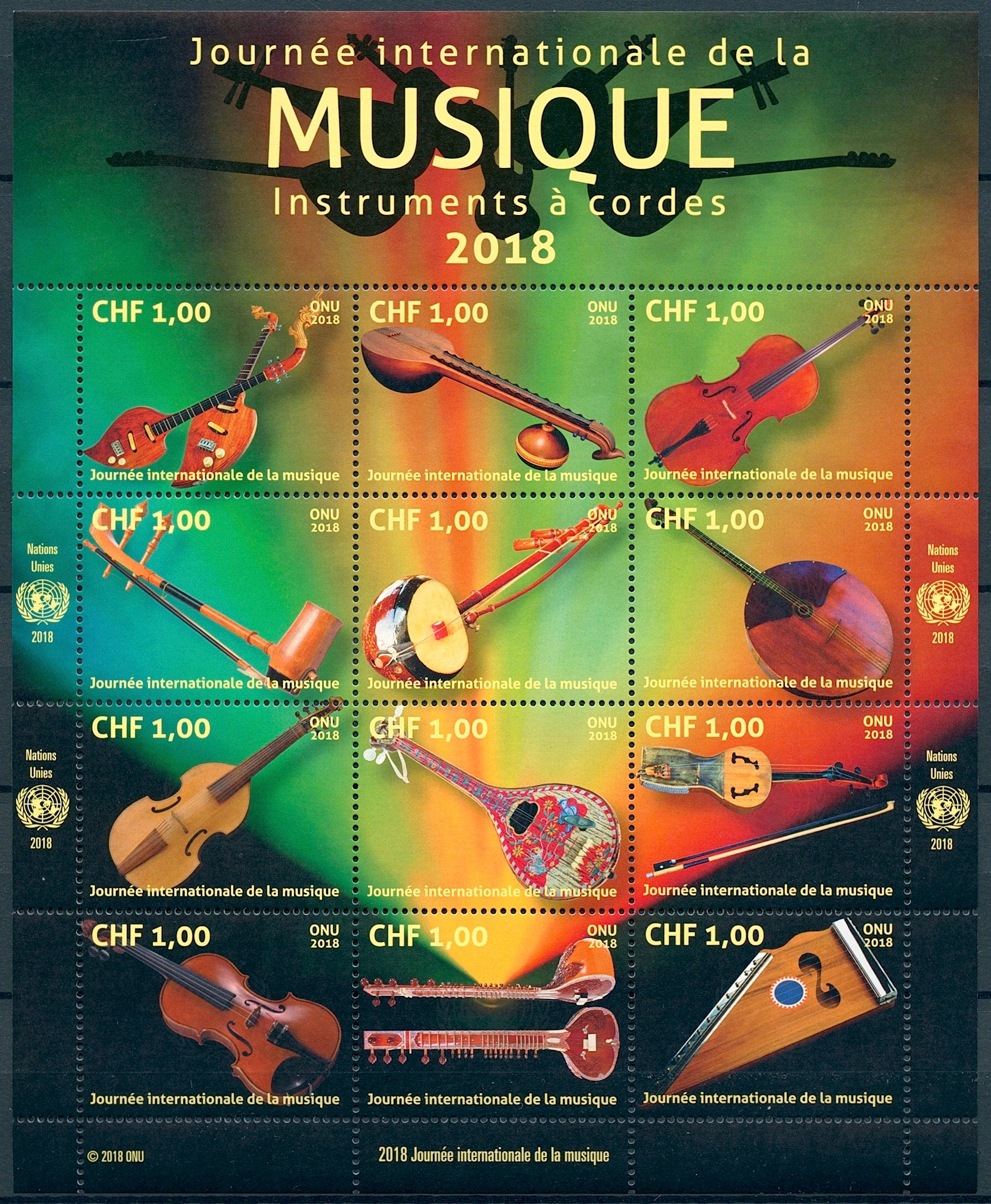 United Nations UN Geneva 2018 MNH Intl Music Day 12v M/S Instruments Stamps