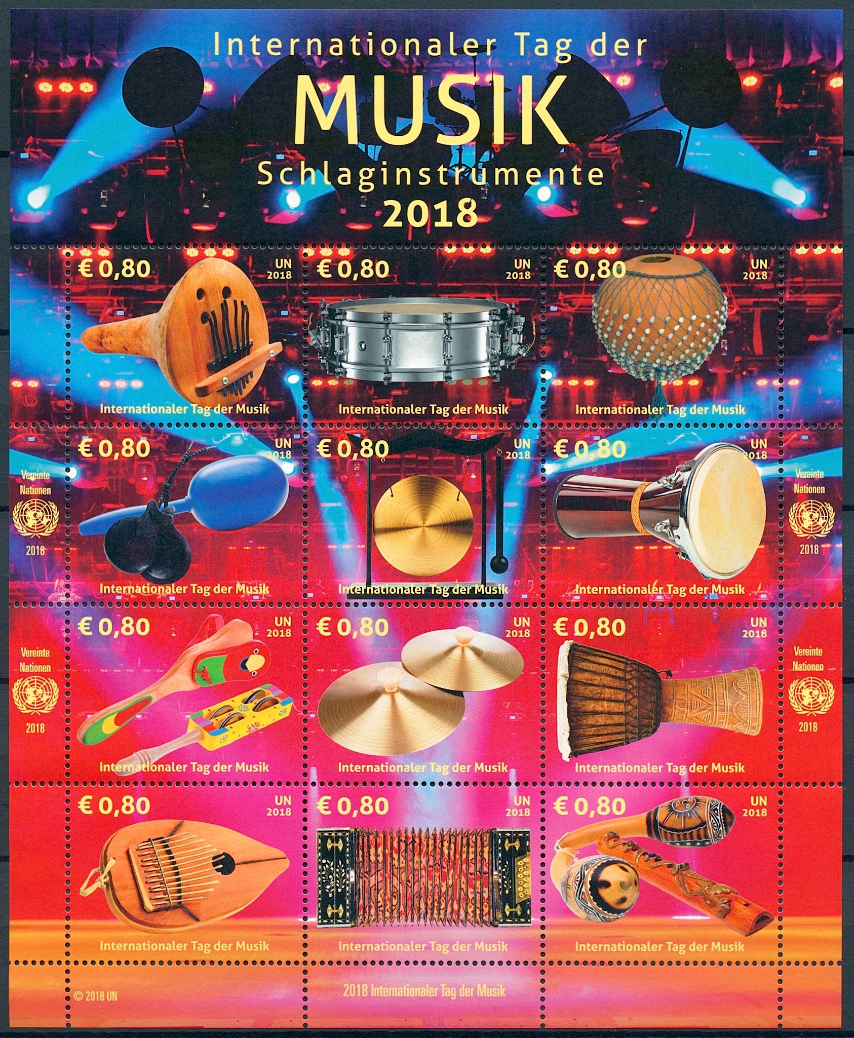 United Nations UN Vienna 2018 MNH Intl Music Day 12v M/S Instruments Stamps