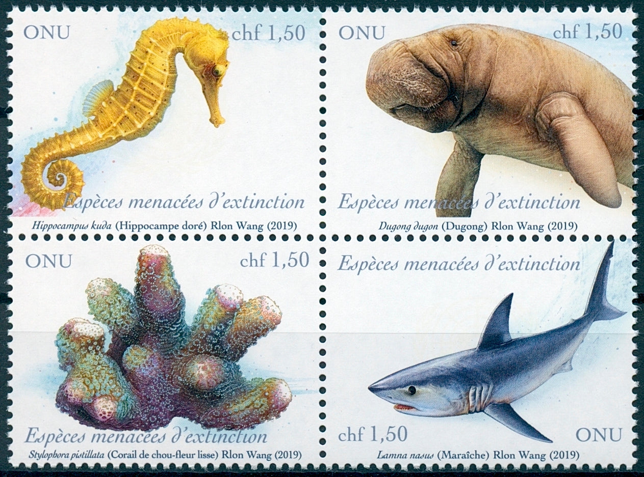 United Nations UN Geneva 2019 MNH Endangered Sharks Coral 4v Block Marine Stamps
