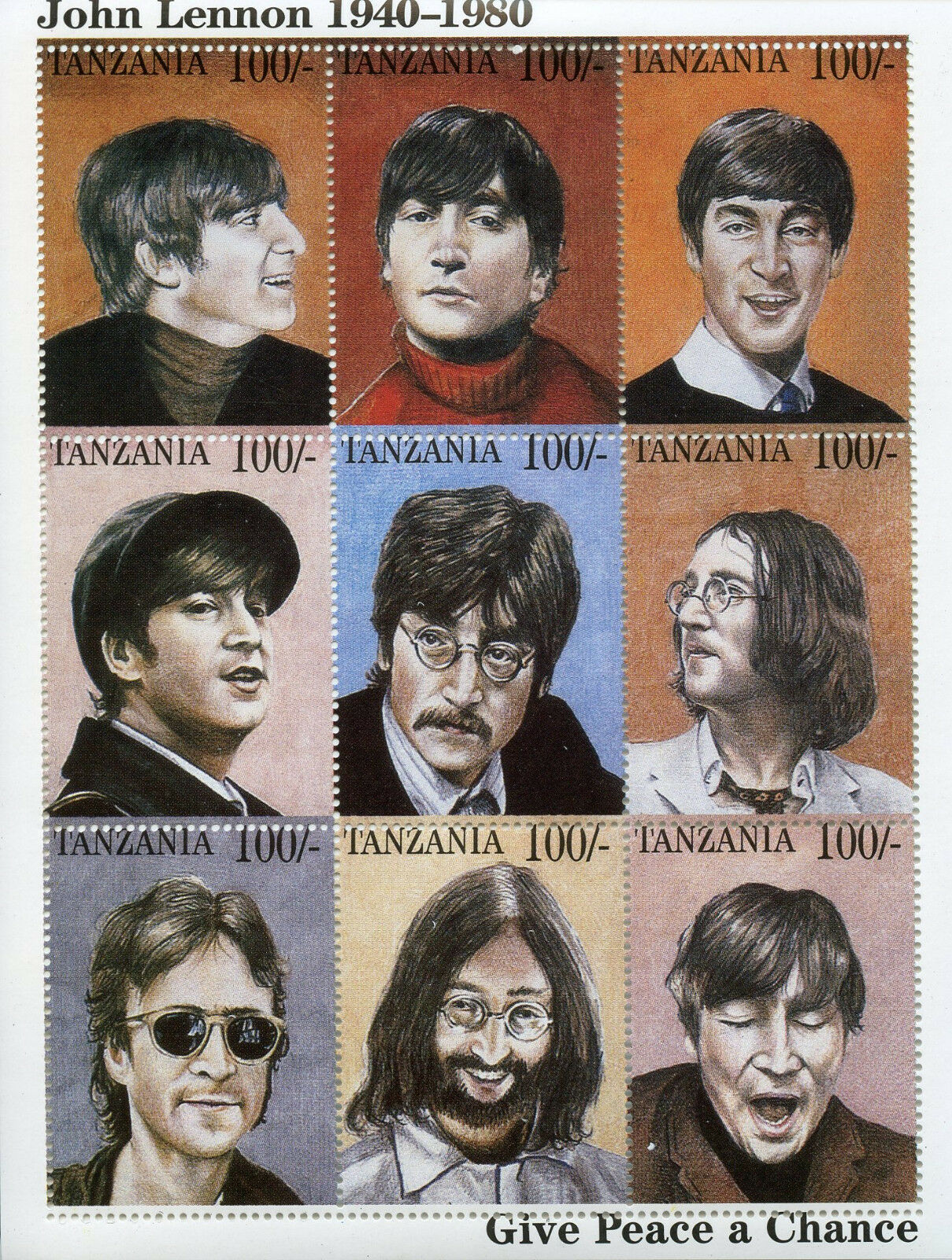 Tanzania 1995 MNH John Lennon The Beatles Peace 9v M/S Music Celebrities Stamps
