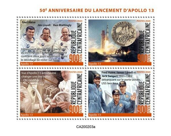 Central African Rep Space Stamps 2020 MNH Apollo 13 Lunar Module Lovell 4v M/S