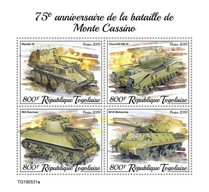 Togo 2019 MNH Military & War Stamps WWII WW2 Battle of Monte Cassino Tanks 4v MS