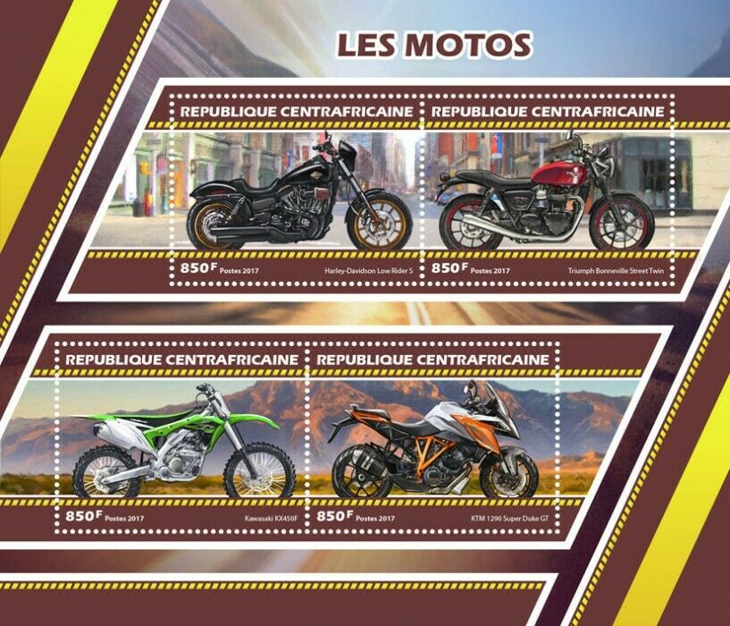 Central African Rep Motorcycles Stamps 2017 MNH Harley Davidson Triumph 4v M/S
