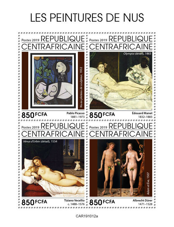 Central African Rep 2019 MNH Art Stamps Nude Paintings Nudes Picasso Durer 4v MS