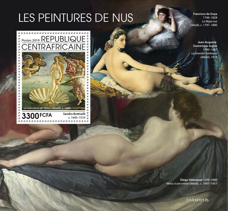 Central African Rep 2019 MNH Art Stamps Nude Paintings Nudes Botticelli 1v S/S