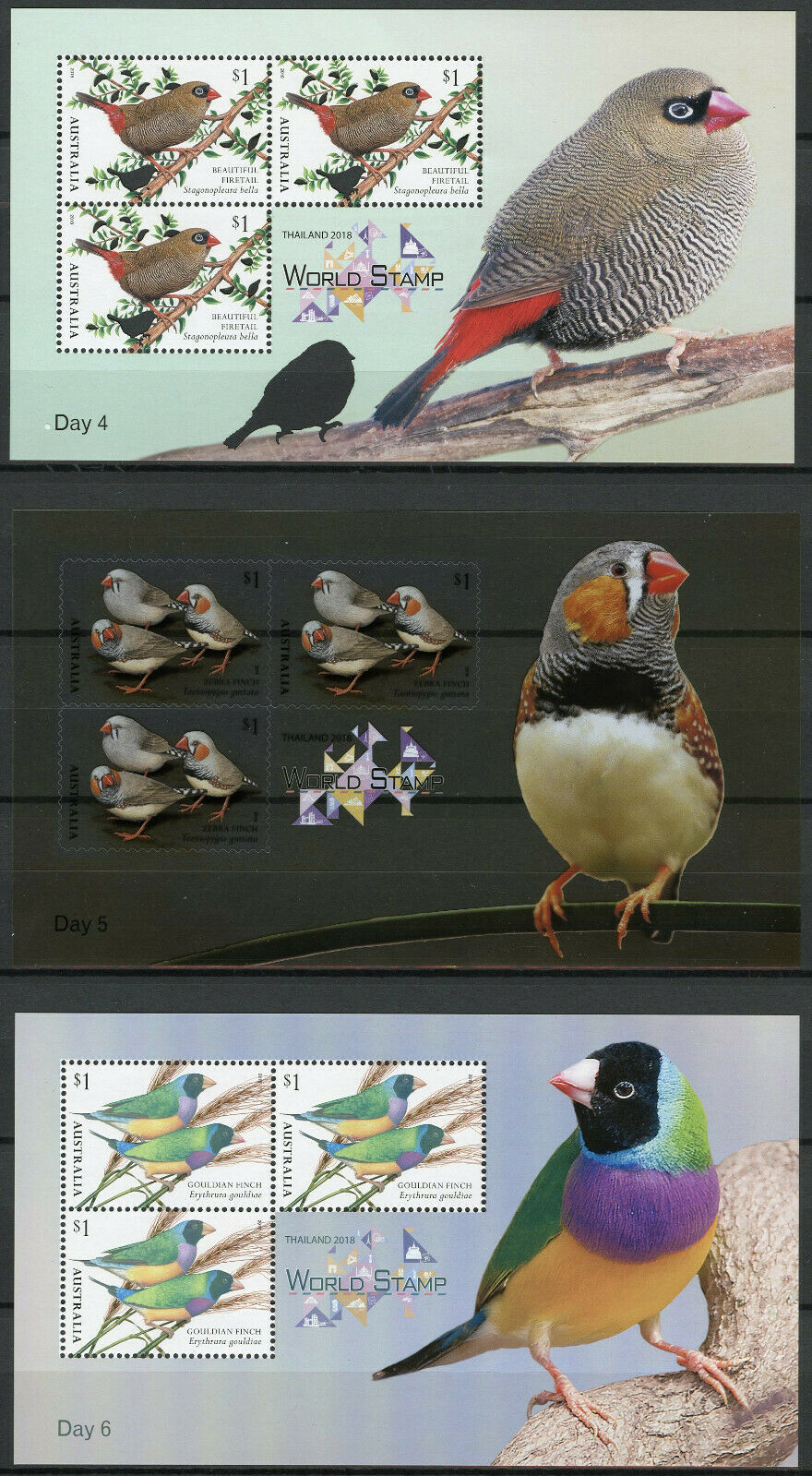 Australia 2018 MNH Finches Thailand World Stamp 6x 3v M/S Birds Stamps