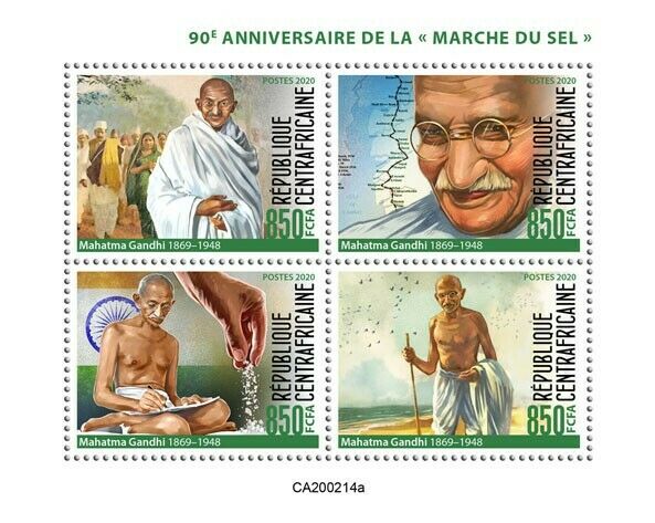 Central African Mahatma Gandhi Stamps 2020 MNH Salt March Famous People 4v M/S