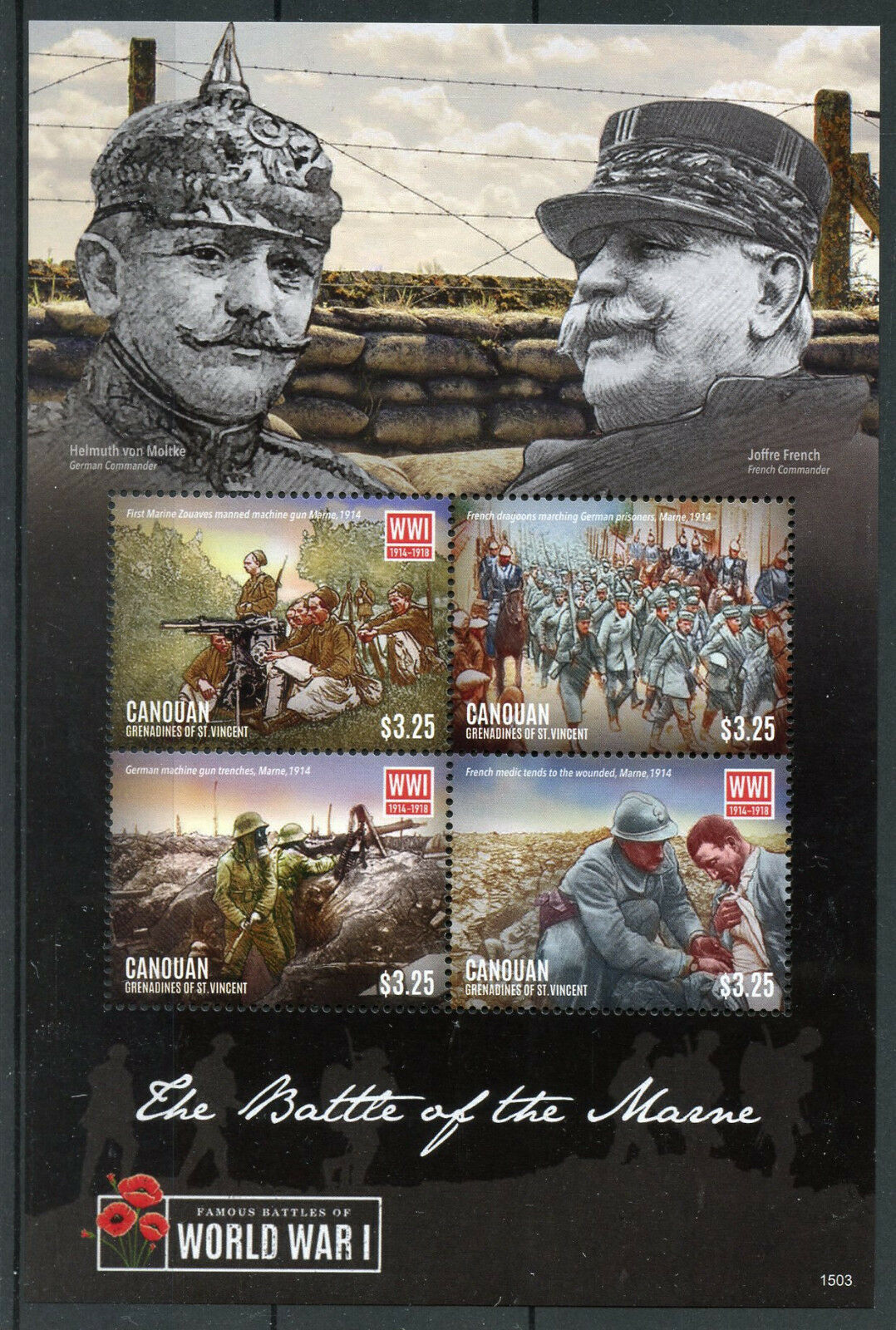 Canouan Gren St Vincent 2015 MNH Military Stamps WWI WW1 Battle of Marne 4v M/S