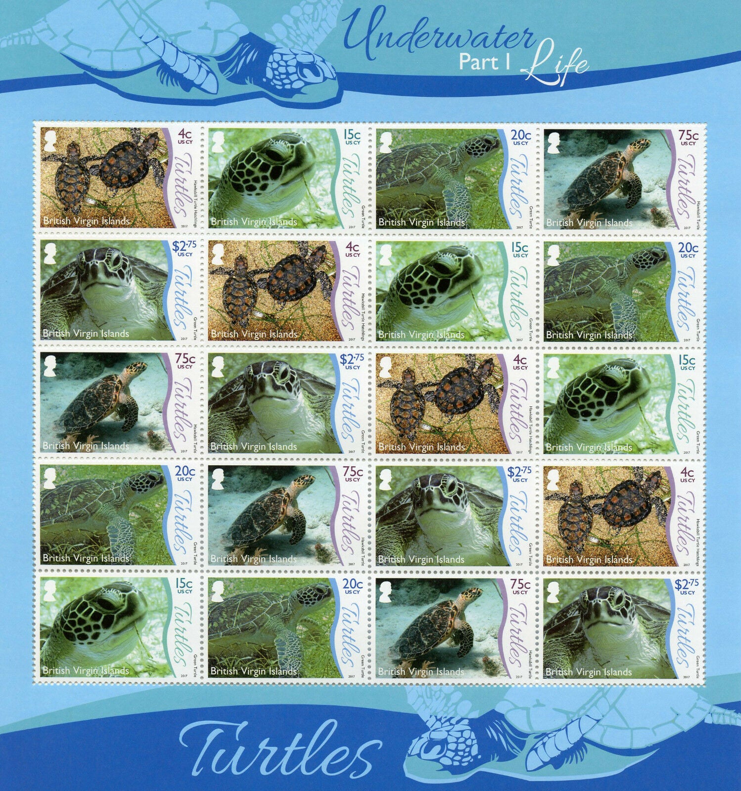 BVI 2017 MNH Turtles Stamps Underwater Life Pt 1 Reptiles 20v M/S