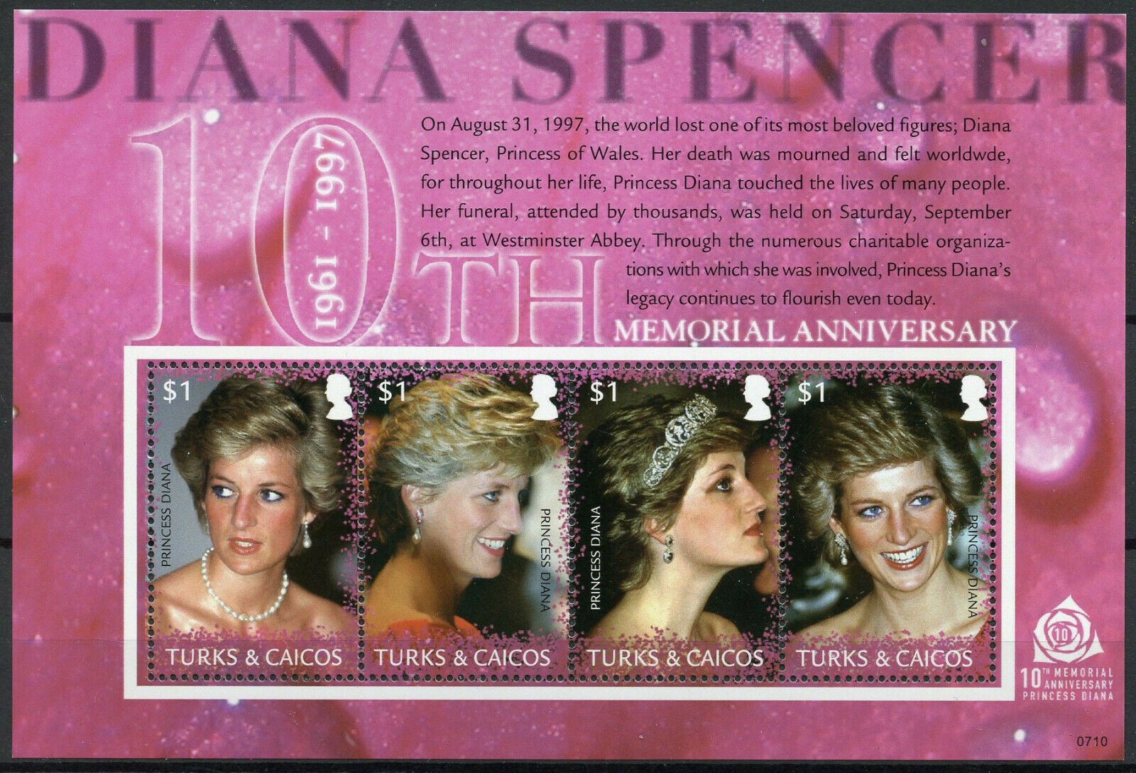 Turks & Caicos Royalty Stamps 2007 MNH Princess Diana 10th Memorial 4v M/S