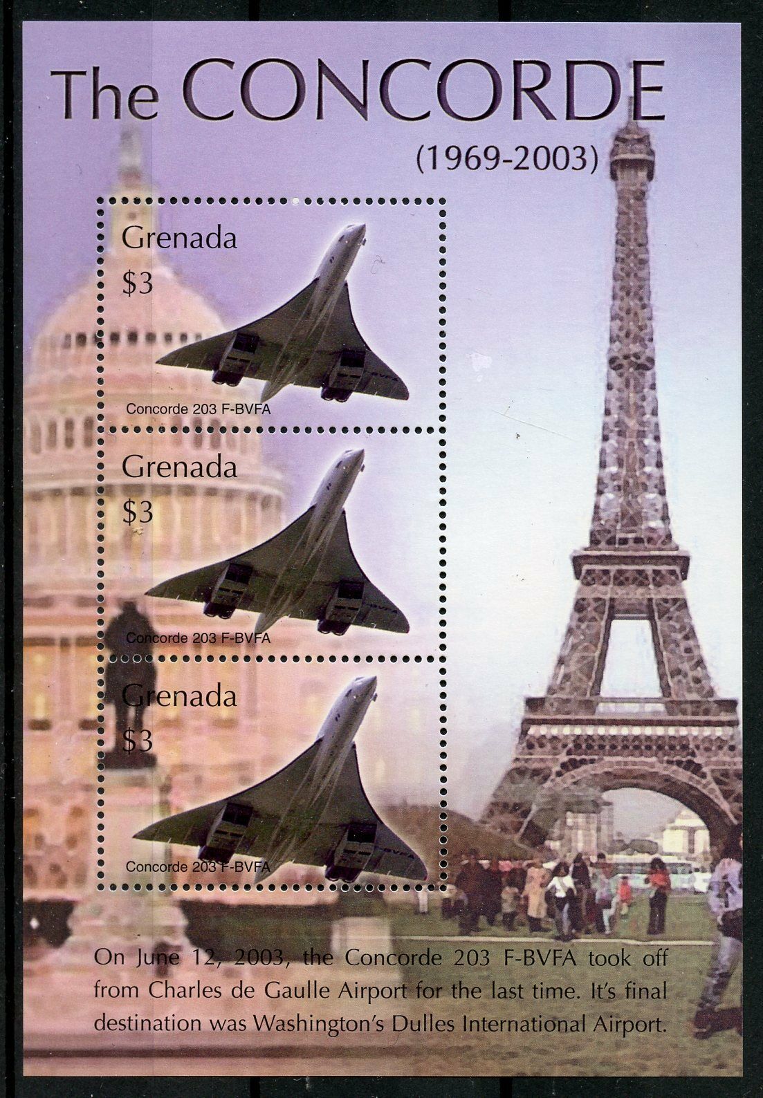 Grenada 2003 MNH Concorde Stamps Paris Washington Eiffel Tower Aircraft 3v M/S