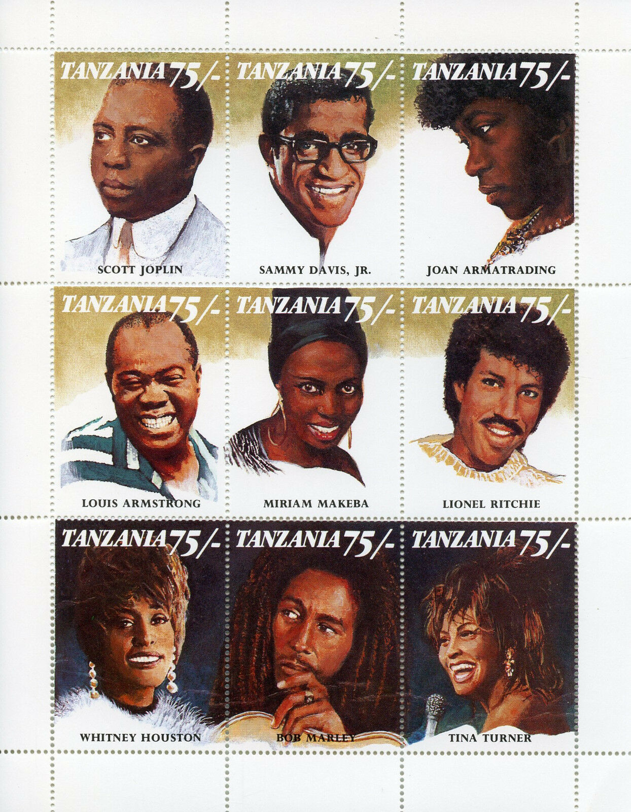 Tanzania 1992 MNH Black Lives Tina Turner Scott Joplin Bob Marley 9v M/S Stamps