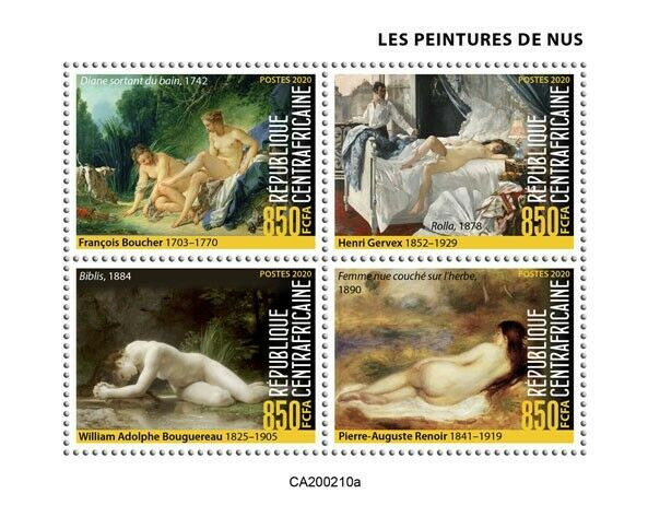 Central African Republic Art Stamps 2020 MNH Nudes Nude Paintings Renoir 4v M/S