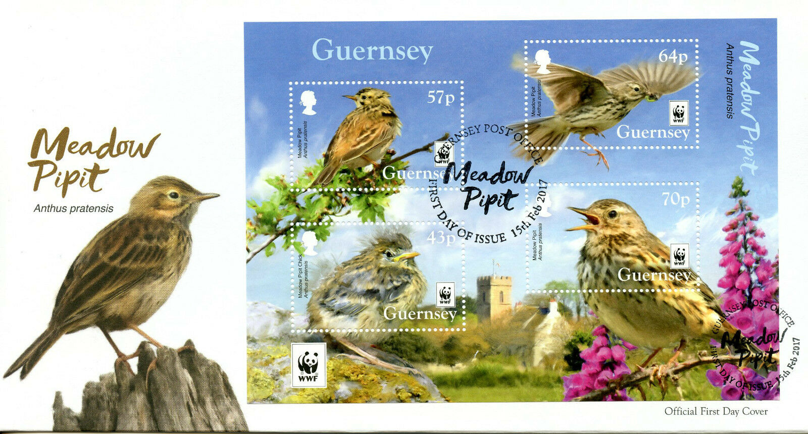 Guernsey 2017 FDC Meadow Pipit WWF Endangered Species 4v M/S Cover Birds Stamps