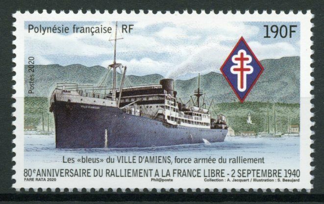 French Polynesia Military Ships Stamps 2020 MNH WWII WW2 Ville d'Amiens 1v Set