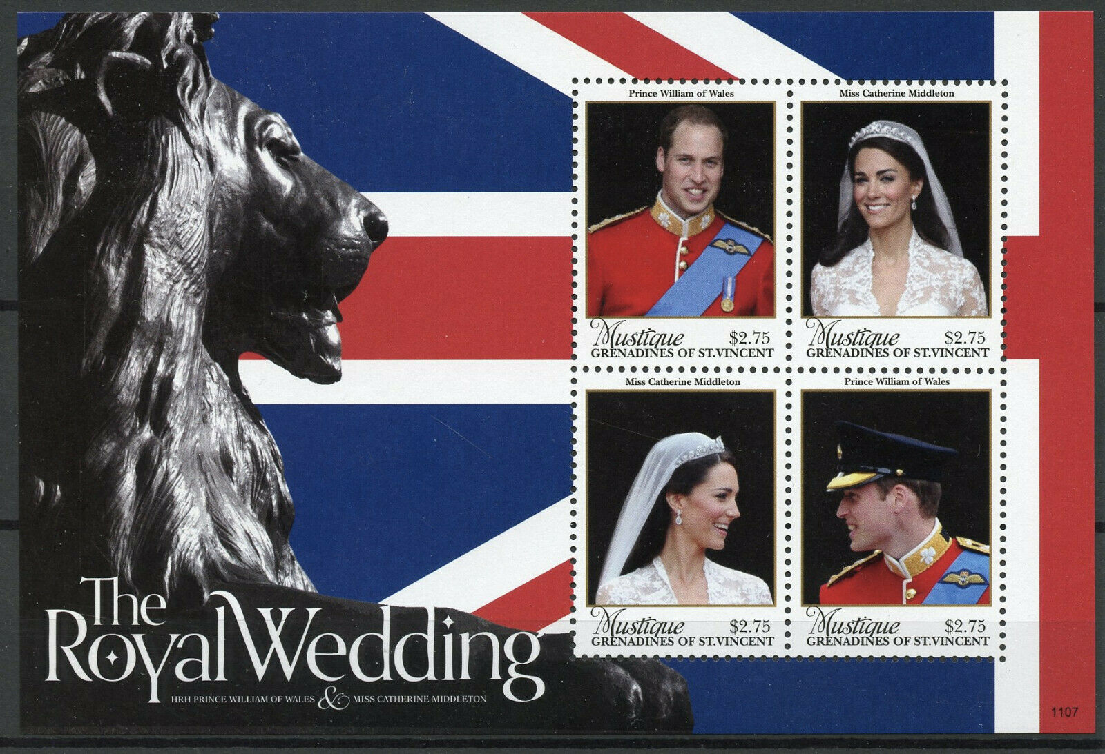 Mustique Gren St Vincent Stamps 2011 MNH Royal Wedding William & Kate 4v M/S II