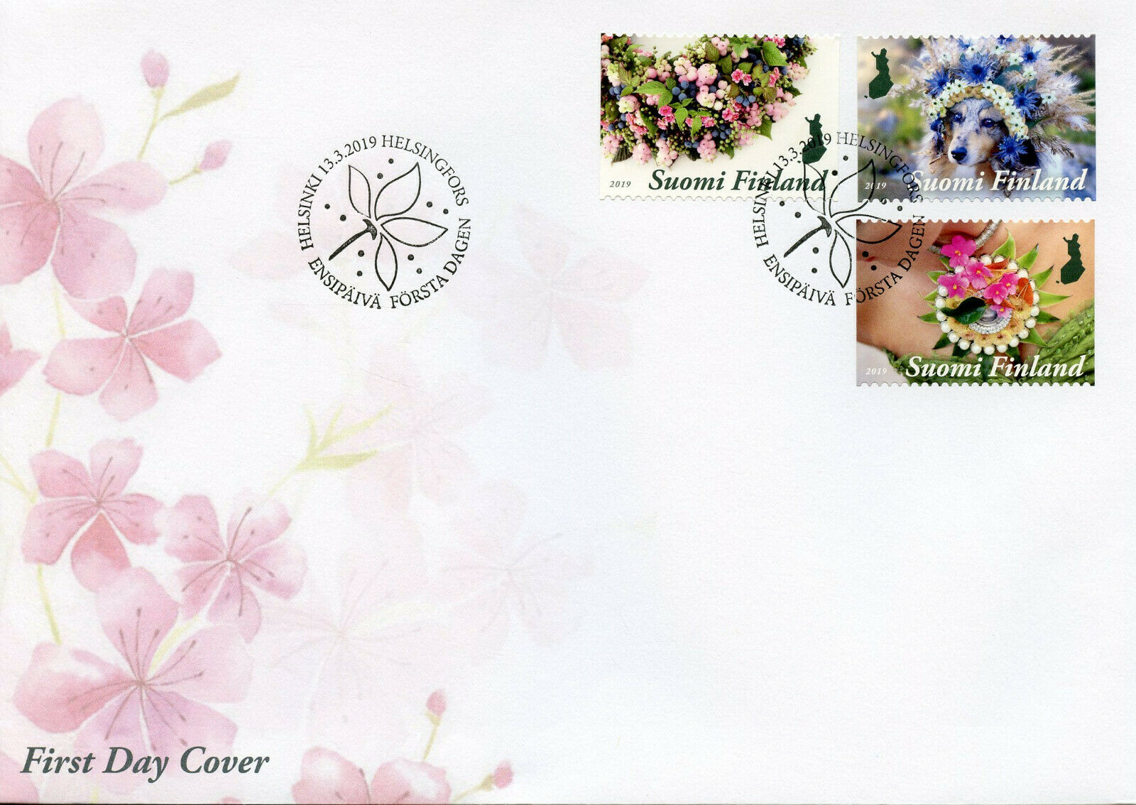Finland 2019 FDC Floral Artistry 3v S/A Cover Dogs Flowers Plants Nature Stamps