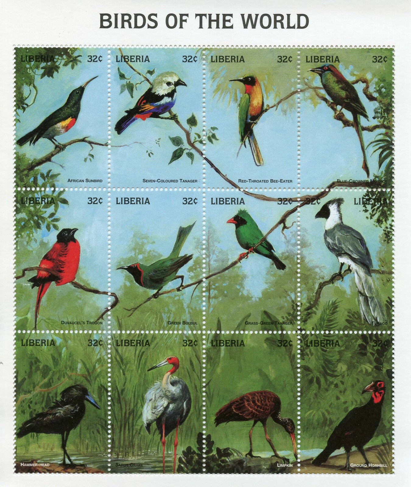 Liberia Stamps 1998 MNH Birds of World Sunbirds Tanagers Bulbuls Trogons 12v M/S