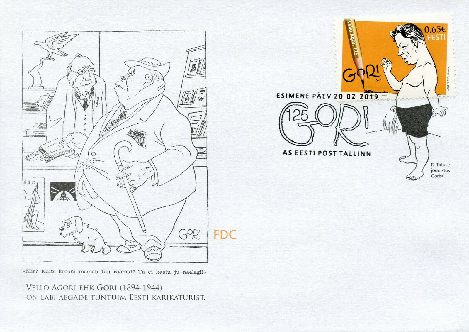 Estonia 2019 FDC Vella Agori Gori Caricaturist 1v Set Cover Cartoons Stamps