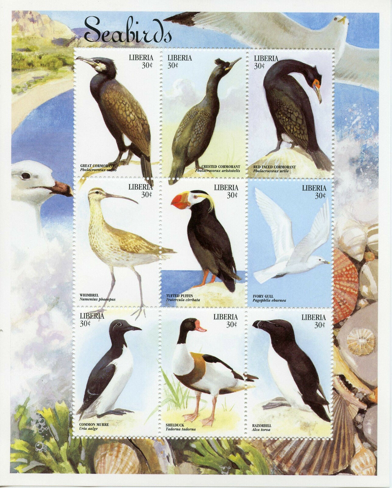 Liberia Birds on Stamps 1999 MNH Seabirds Gulls Ducks Puffins Razorbill 9v MS II