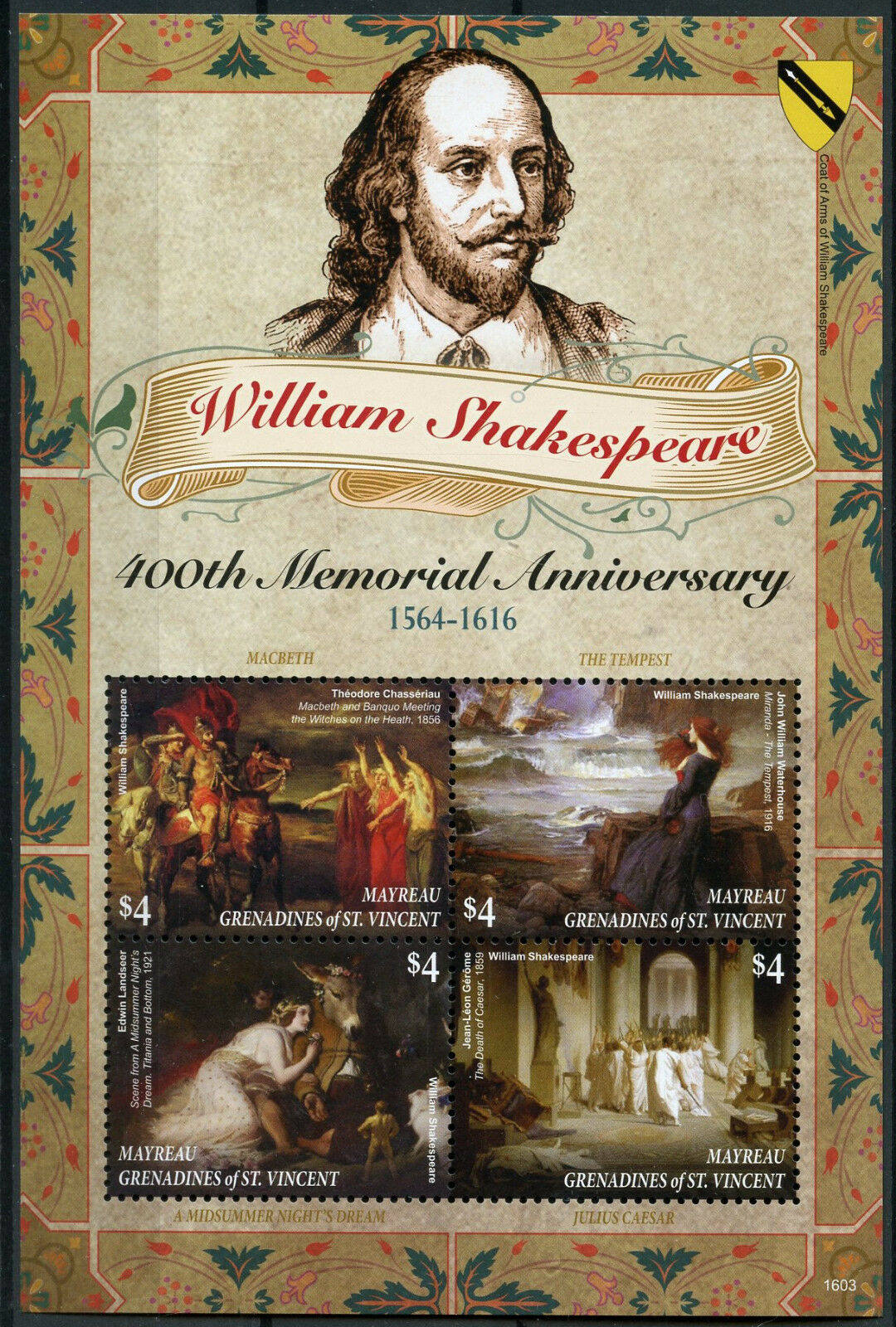 Mayreau Gren St Vincent Stamps 2016 MNH William Shakespeare 400th Mem 4v M/S