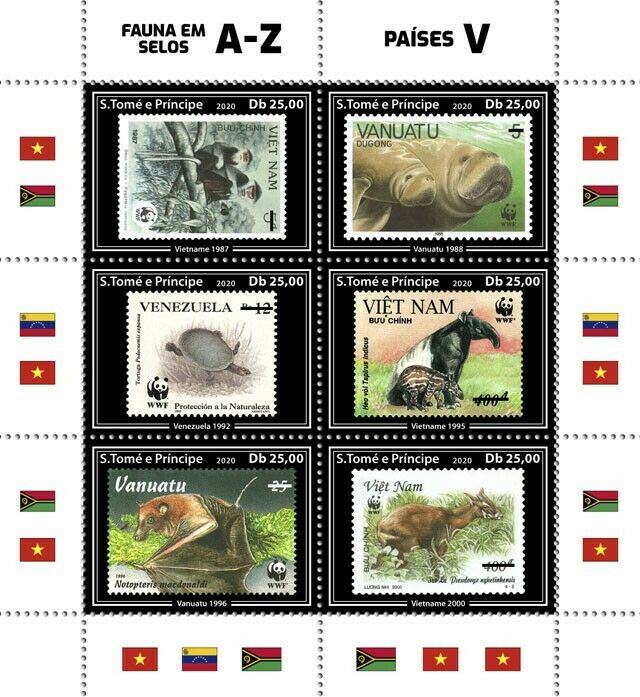 Sao Tome & Principe Stamps-on-Stamps 2020 MNH Fauna Bats Turtles Monkeys 6v M/S