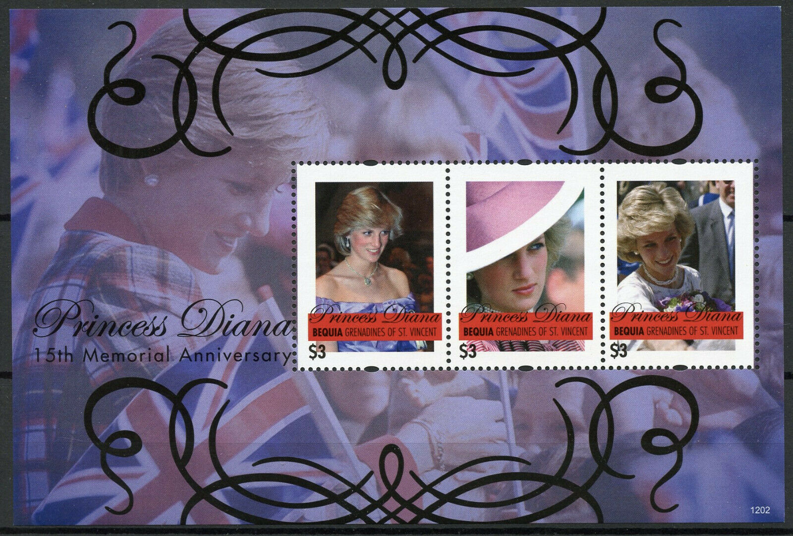 Bequia Gren St Vincent Royalty Stamps 2012 MNH Princess Diana Memorial 3v M/S