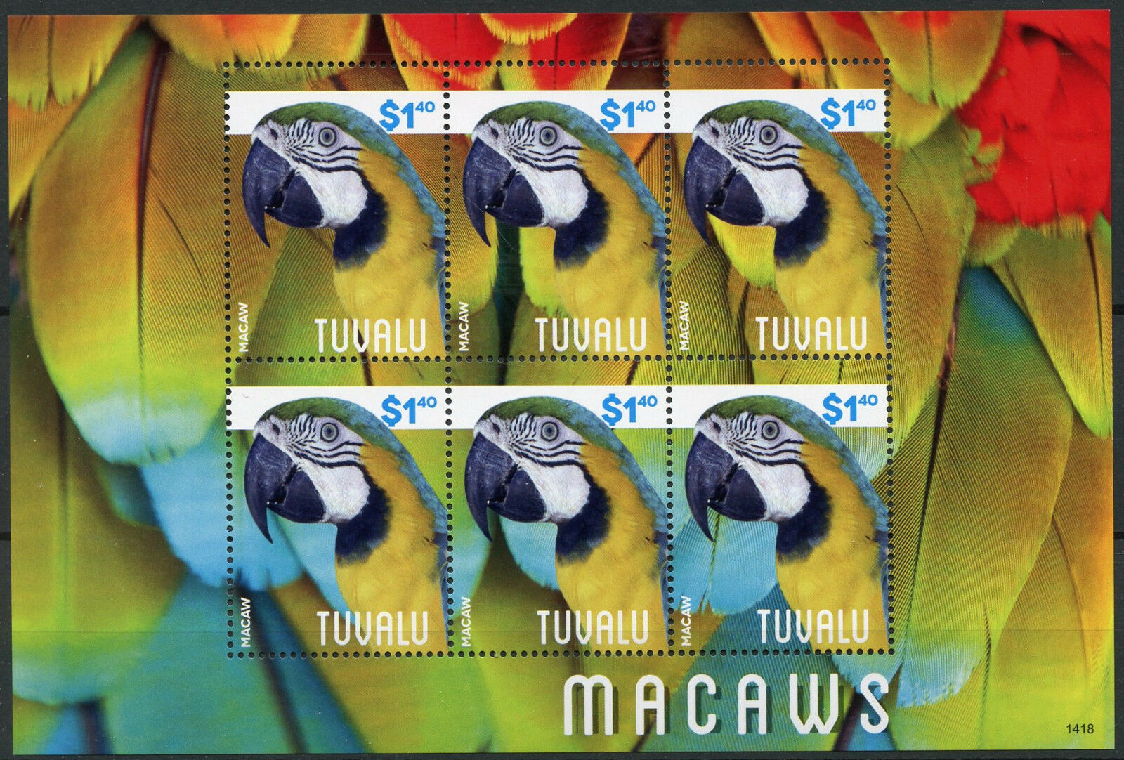 Tuvalu Birds on Stamps 2014 MNH Macaws Parrots 6v M/S II