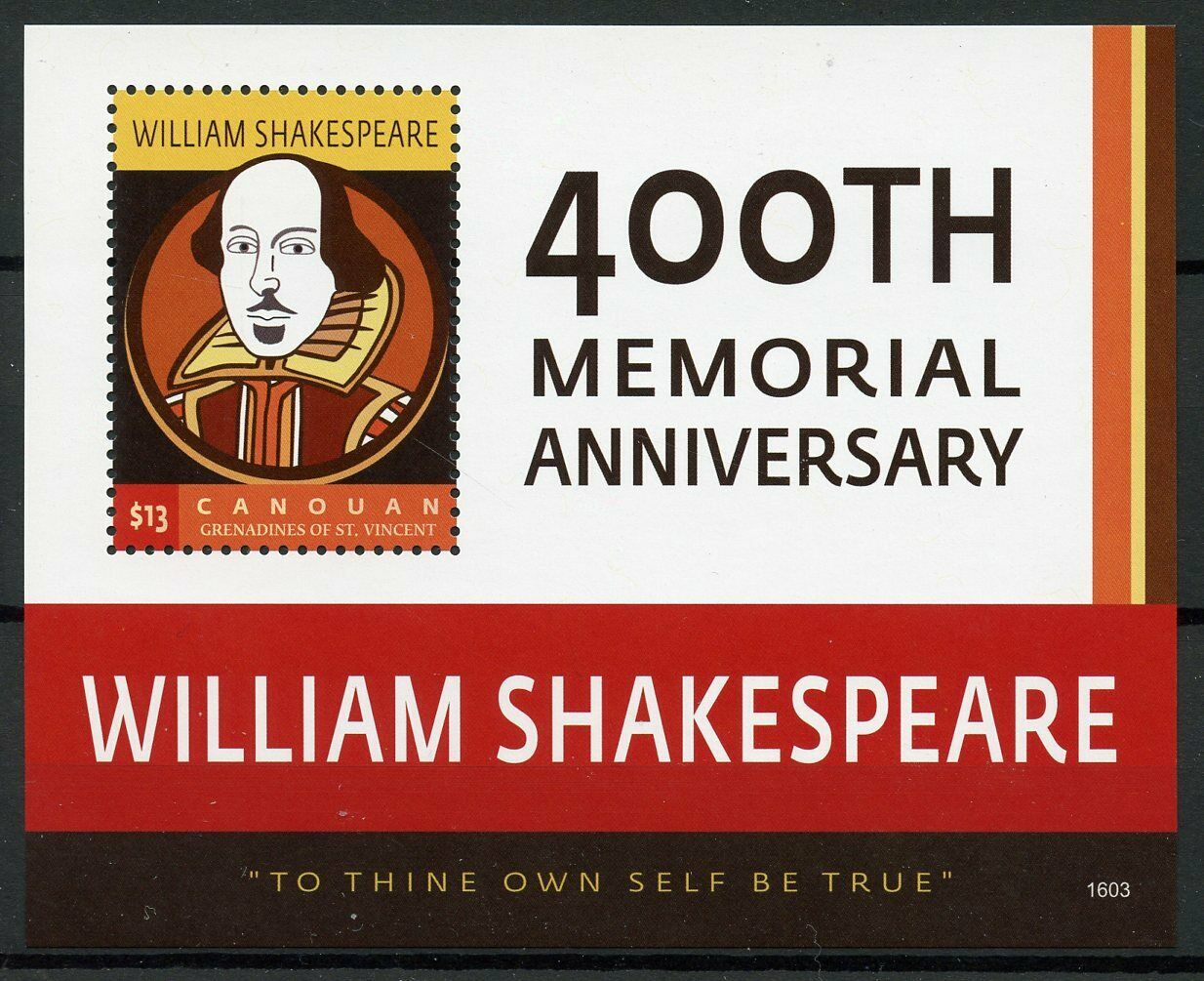 Canouan Gren St Vincent Stamps 2016 MNH William Shakespeare 400th Mem 1v S/S I