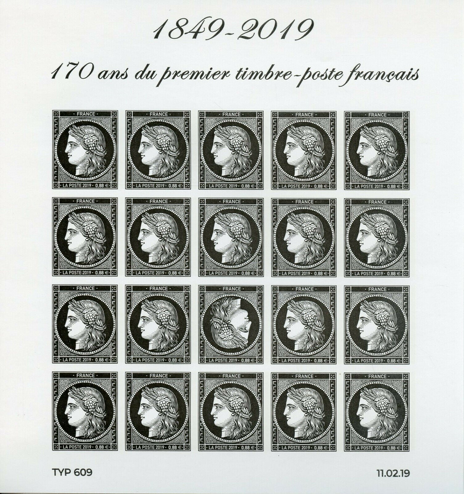 France 2019 MNH Black Ceres 1st Stamp 20v IMPF M/S Stamps-on-Stamps Stamps
