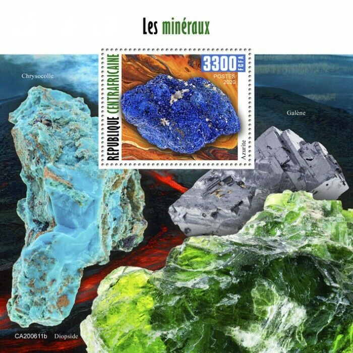 Central African Rep 2020 MNH Minerals Stamps Azurite Galena Diepside 1v S/S