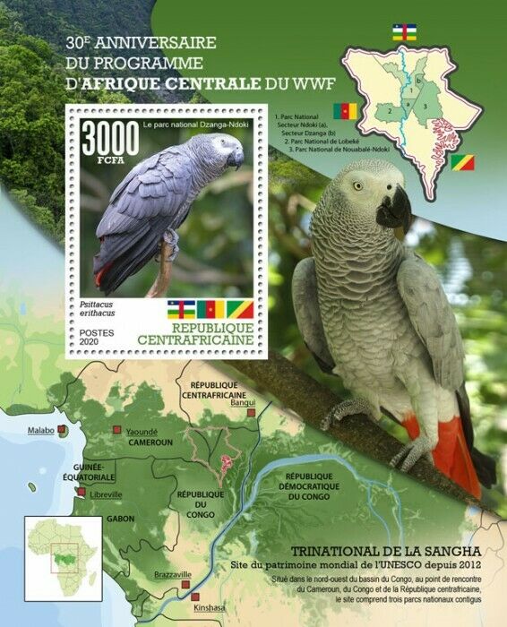 Central African Rep 2020 MNH WWF Stamps Grey Parrot Parrots Birds 1v IV